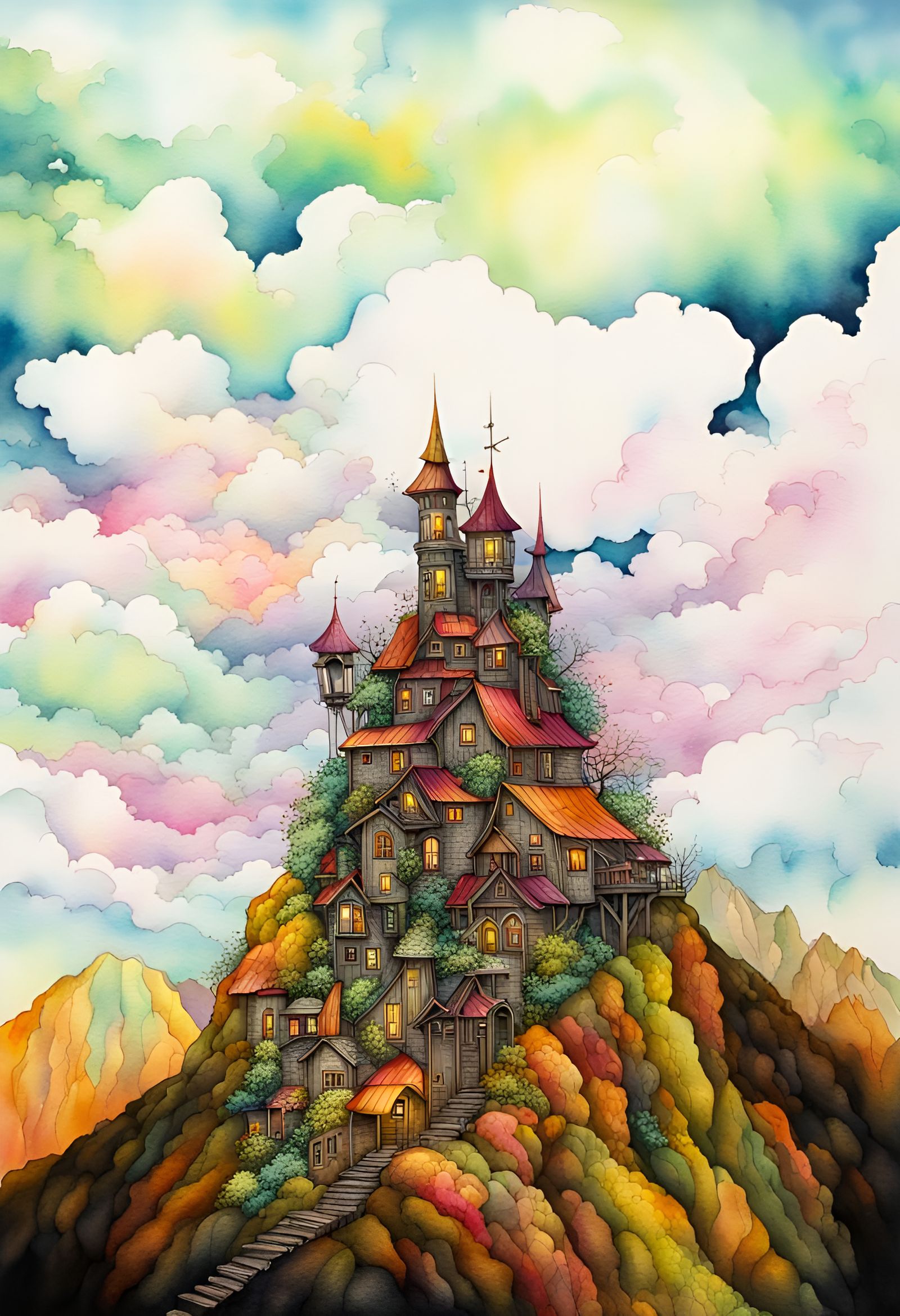 Fantasy town on a steep mountainside,  Gold ochre, viridian,...