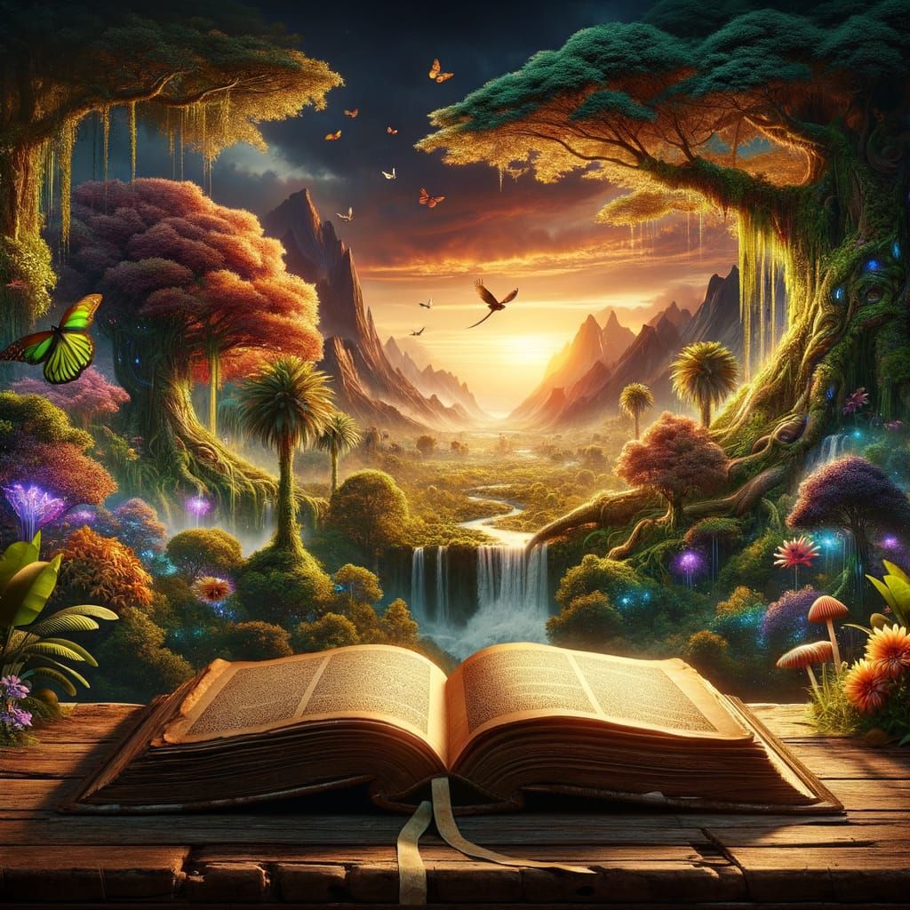 A magical open book on a wooden table, from its pages emerges a lush fantasy landscape with giant trees, cascading waterfalls, tropical plan...