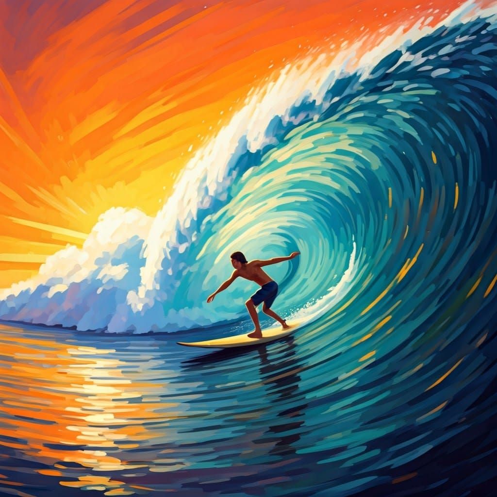 Carefree Surfer at Sunset in Modern Art Style