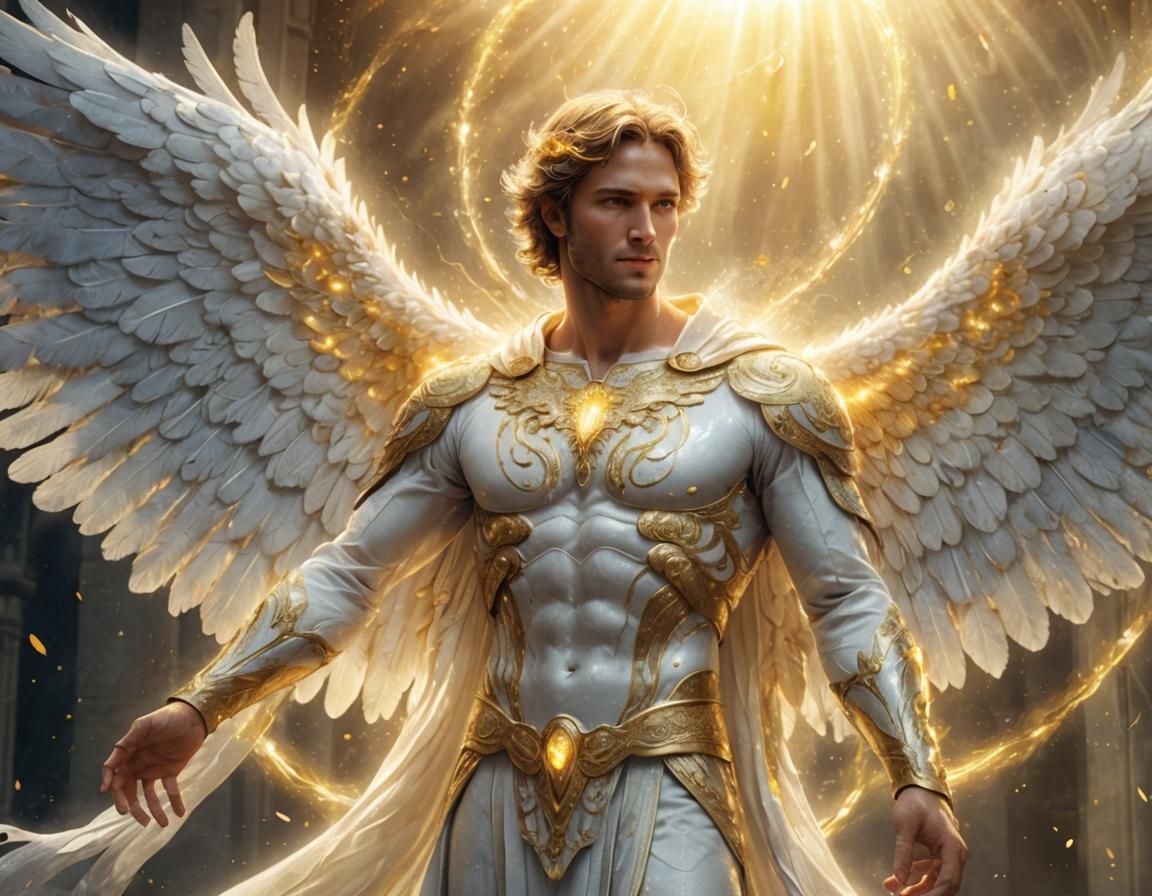 Digital concept art. Close-up. A 6 winged male angel made en...