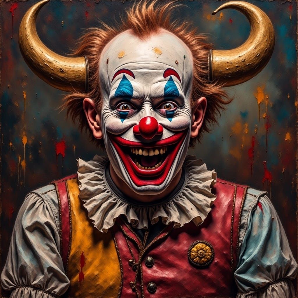  <lora:Grungy Oil Paintings:1.0> Grungy oil painting of a gruff rodeo clown