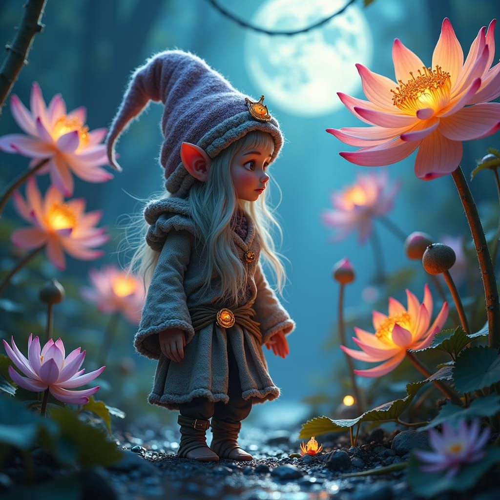 Ethereal fantasy hyper-detailed artwork. Medium shot. A female gnome walks through a magical garden filled ...  by @Lilyquan