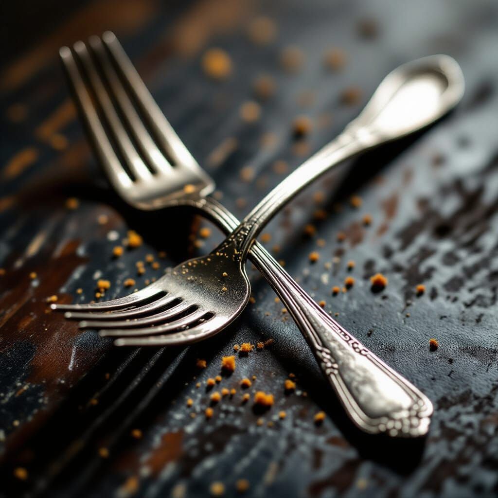 Closeup of Tarnished Silver Fork with Food Flecks