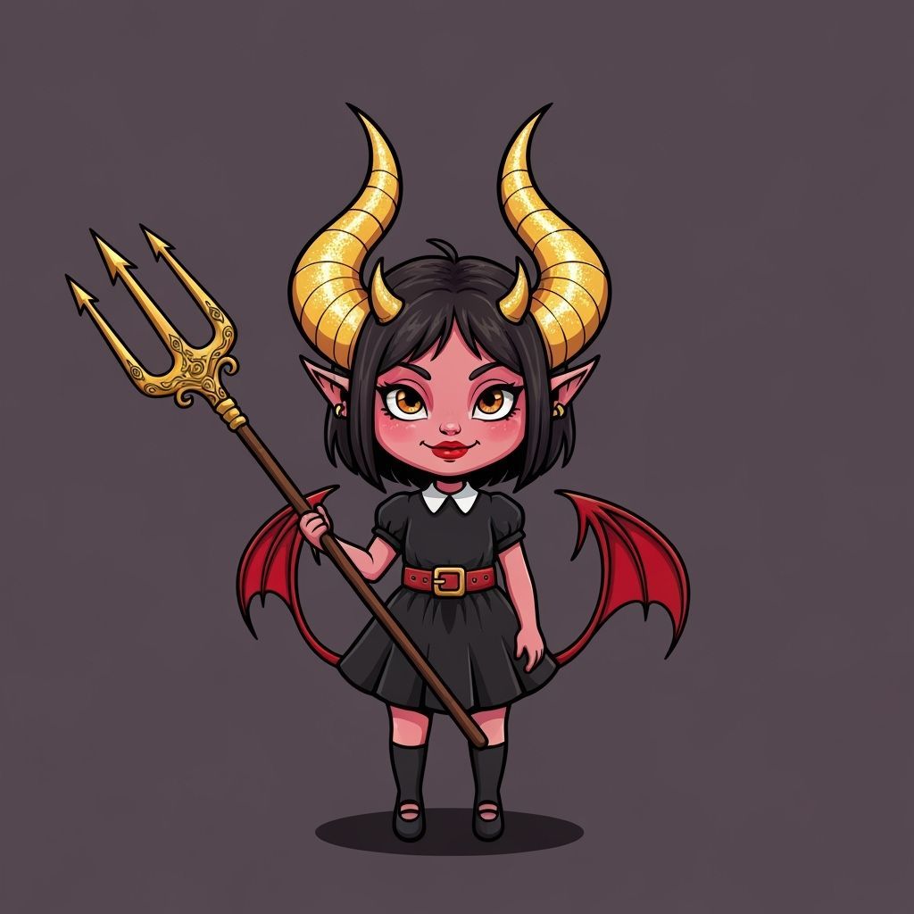 Mischievous Devil Girl with Golden Horns, Whimsical Illustra...
