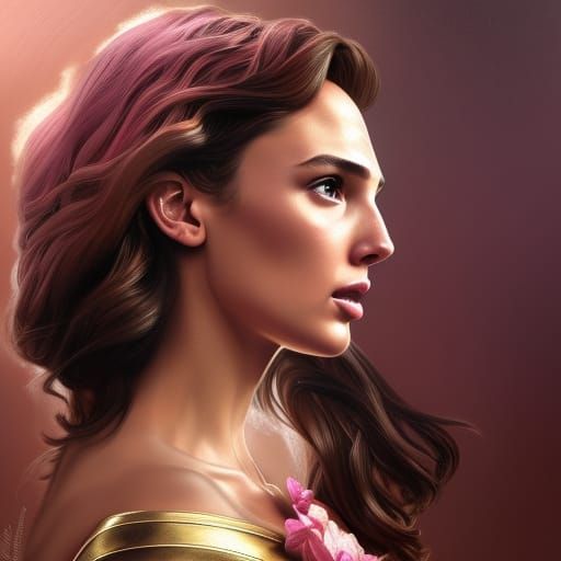 Gal gadot as Aphrodite in updo hairstyle with pink greek dre...