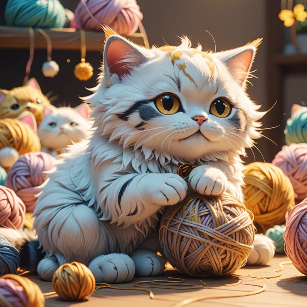 kawaii cats playing with yarn  by @undefined