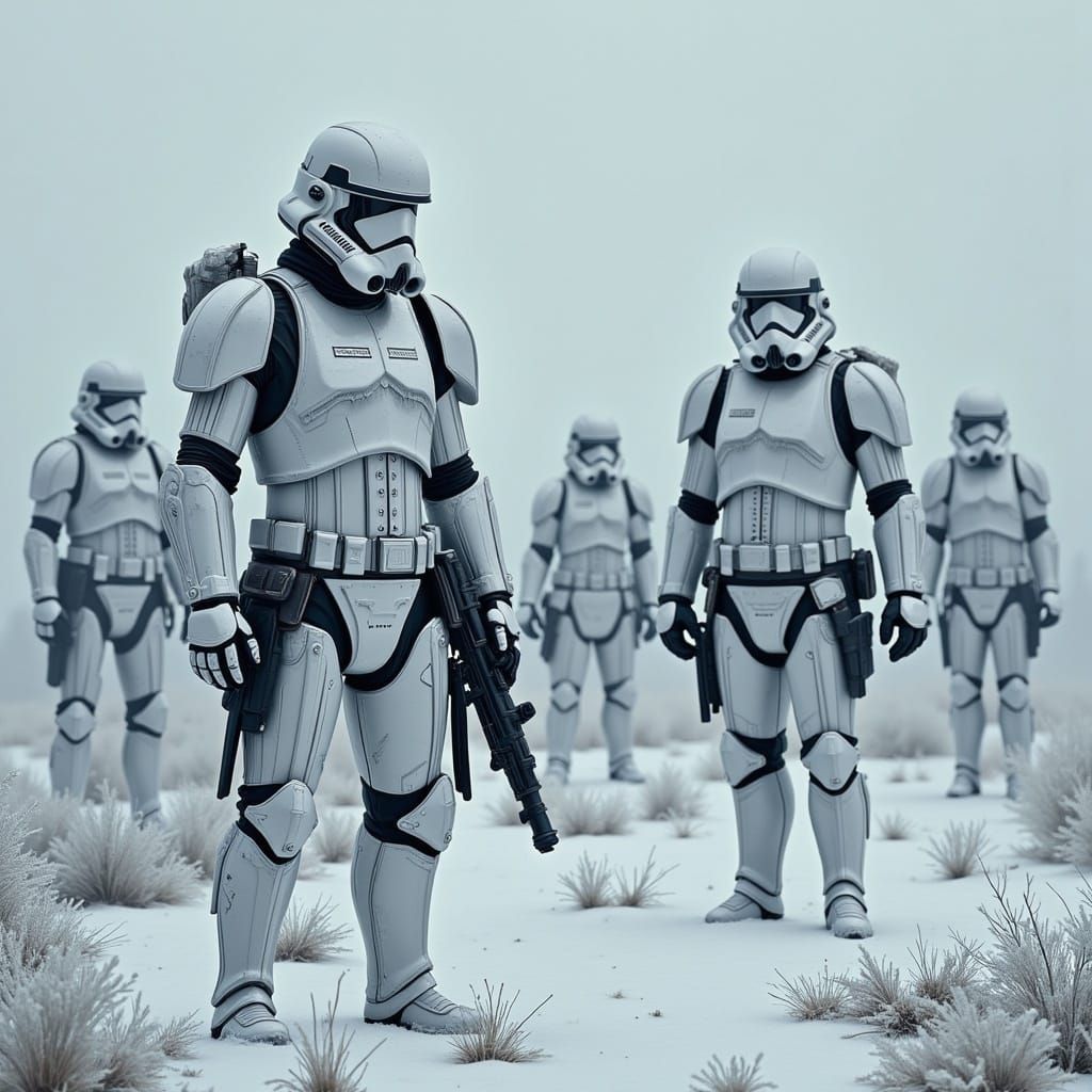 <lora:Screen Printz:1.0>  Stormtroopers at an abandoned snowy outpost