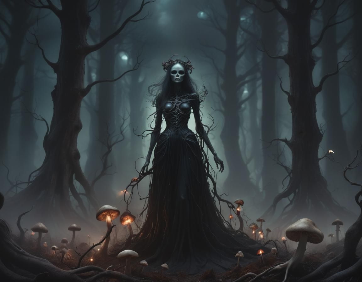 Dark Goddess in Twisted Forest: Macabre Alcohol-Ink Art