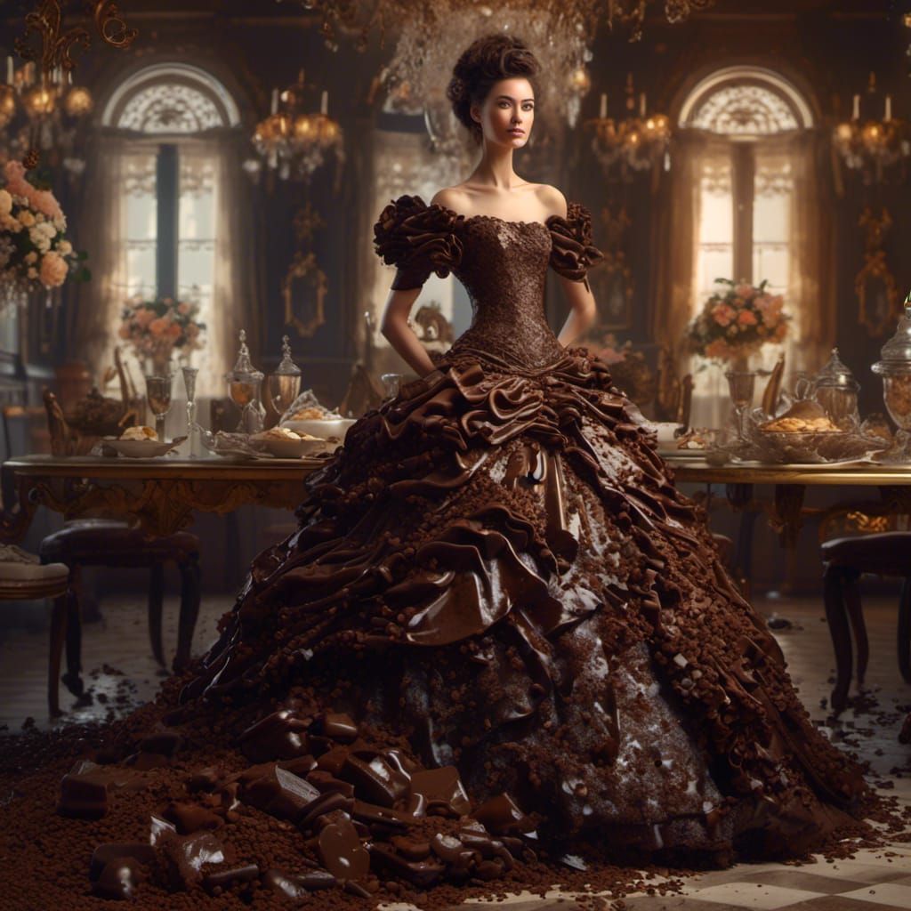 <lora:Beautify:1.0> Let's create a fantastic image of a magnificent dress made of dark chocolate, sprinkled ...  by @evinrude