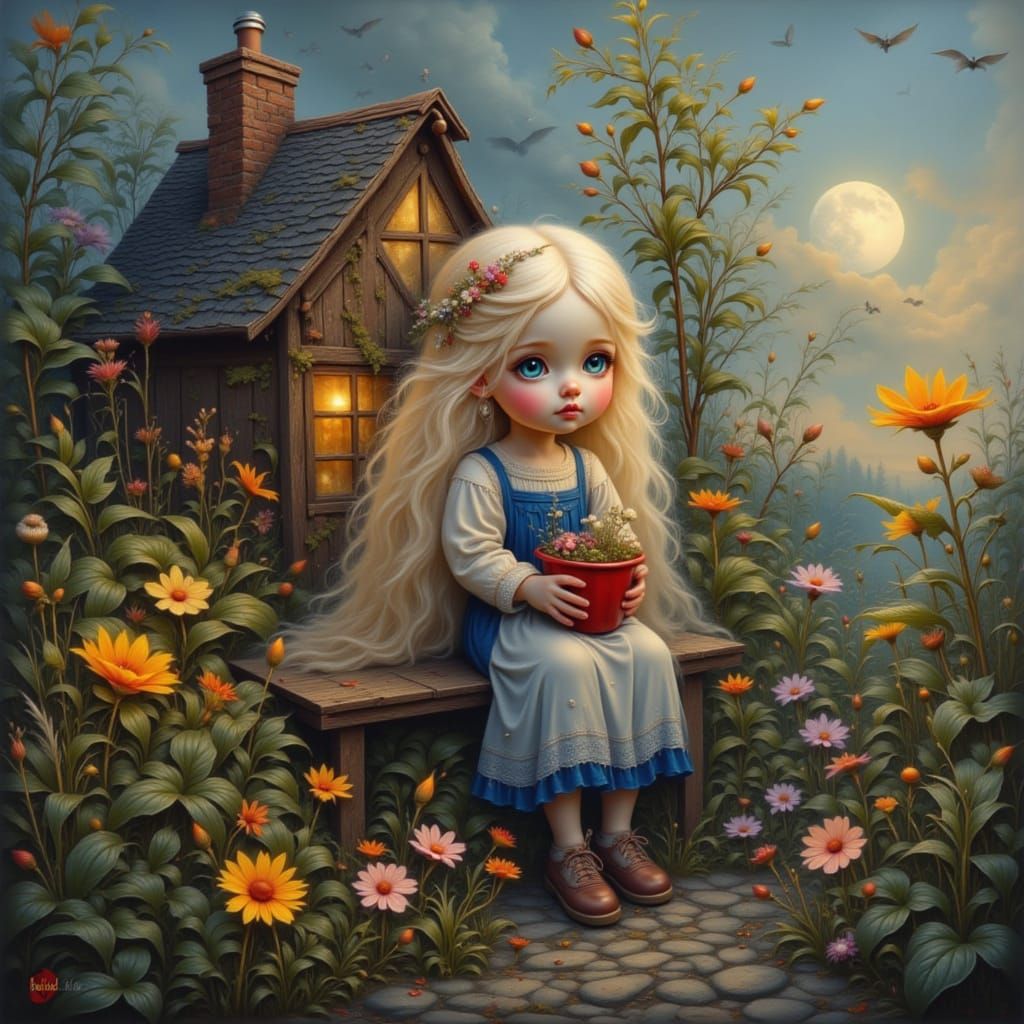 <lora:Albino cellieste:1.0> cute little full-bodied young girl, beautiful highly detailed digital painting, old creepy cottage, landscape in...