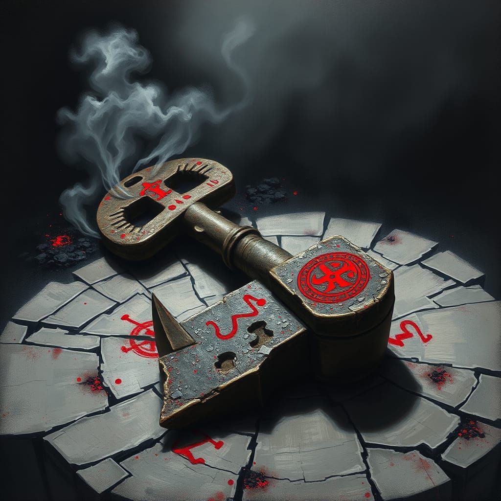 A rusted, old key lies ominously on a cracked stone pedestal...
