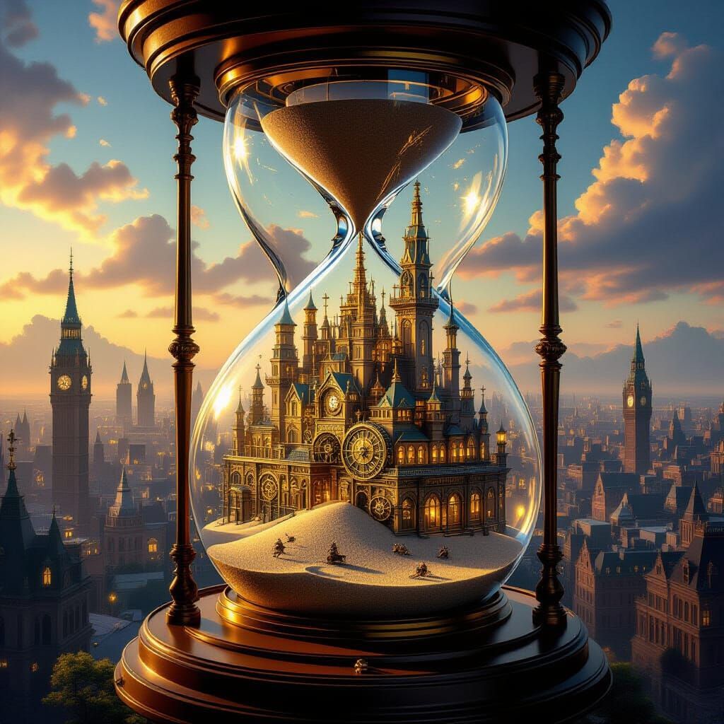  Victorian city built inside a massive hourglass, sands of time glowing, steampunk details, ultra realistic

