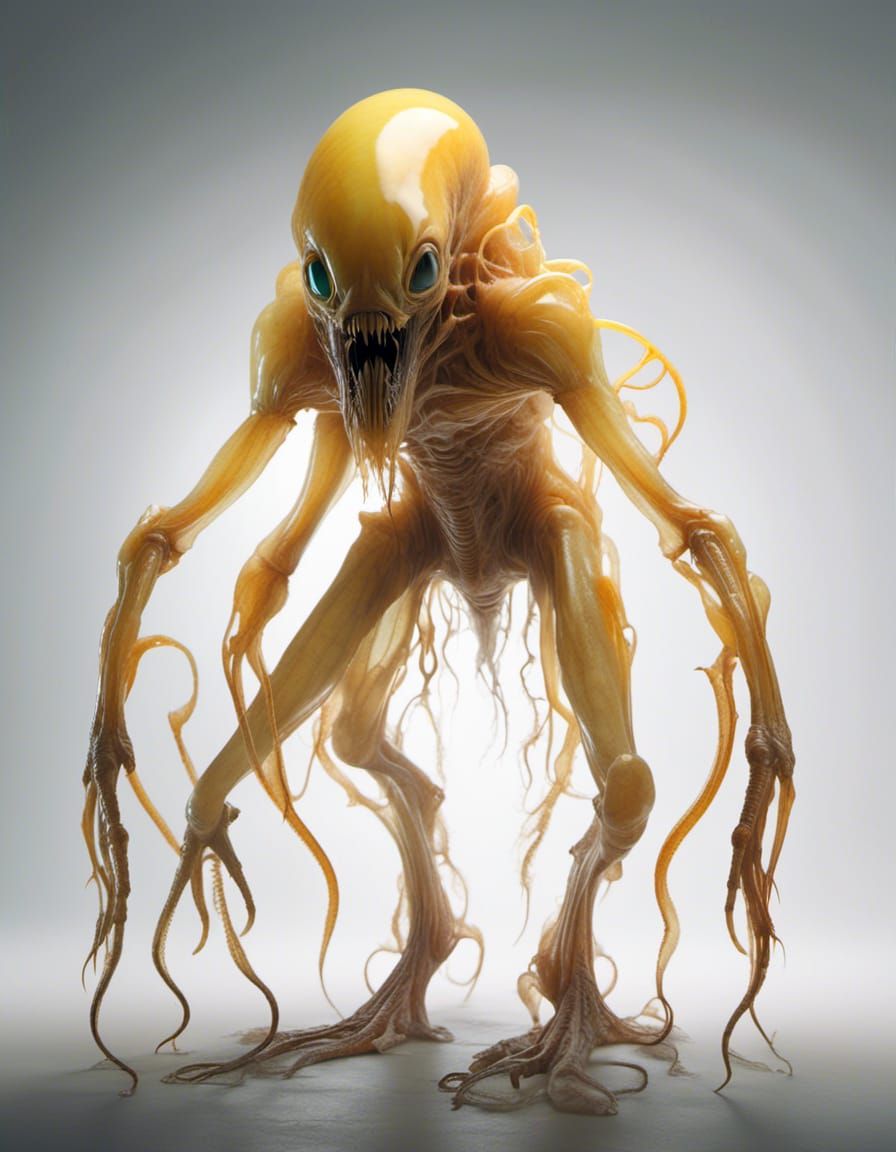 full view<lora:Creatures:1.0> a translucent yellow and orange  alien like creature standing before a white background, two legs, two arms, l...
