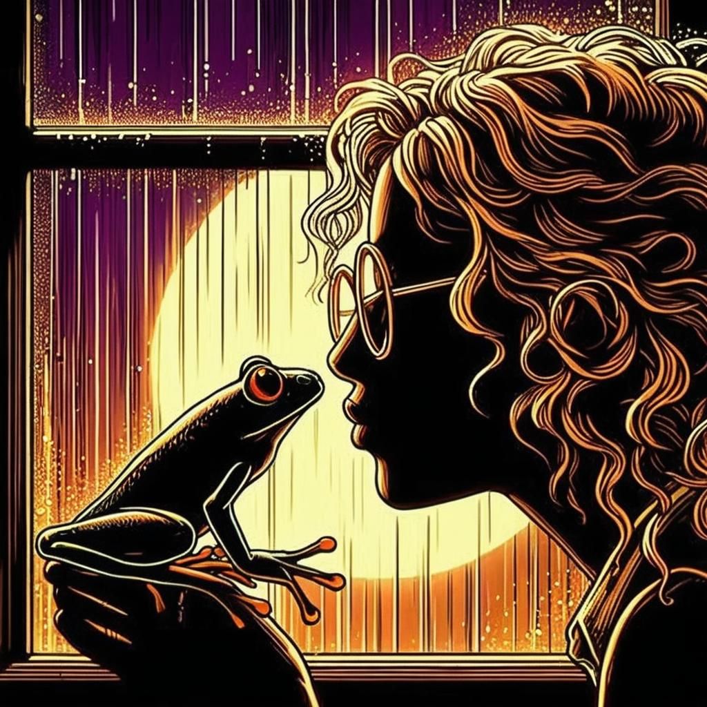 The profile of a hotel in front of a window kissing a frog U...