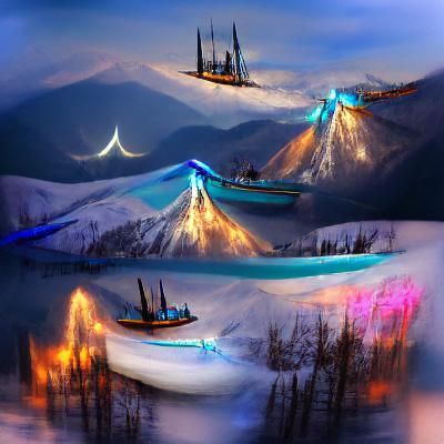 Gondolas over a snowy valley at night glow bokeh concept art...