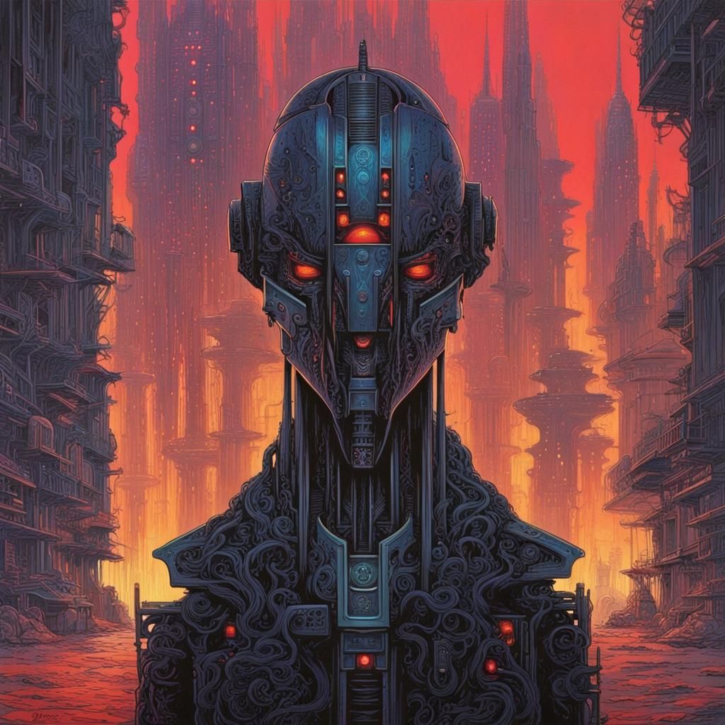 Philippe Druillet style dark gothic/sci-fi painting. Surreal...