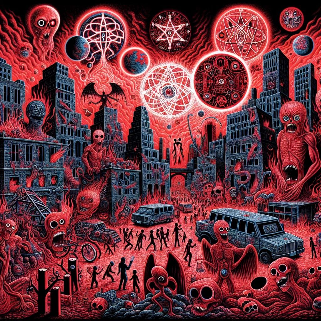 Hell-punk cityscape with apparitions and phantasms from Giordano Bruno ...