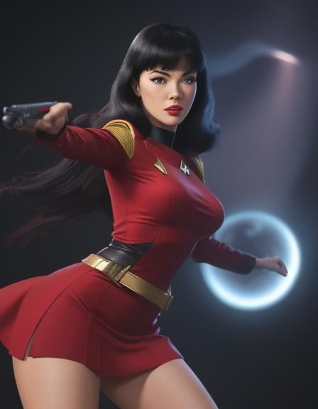 Bettie Page on the bridge of the Enterprise. Original 
solid red female uniform mini dress mini skirt from Star Trek The Original Series.  I...