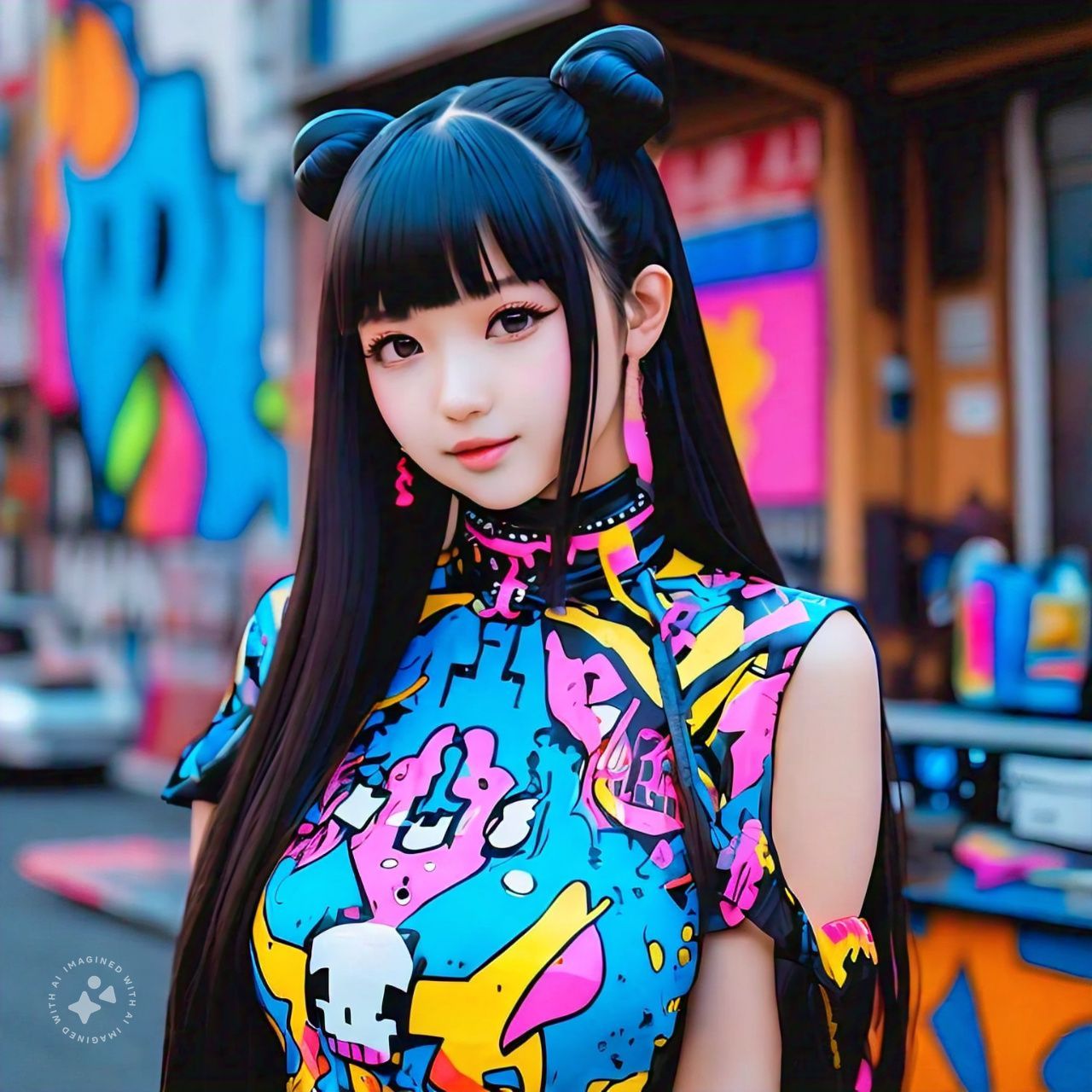 imagine a japanese woman in an acid-punk kawaii dress