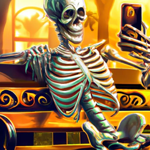 Skeleton taking a selfie on a park bench  by @Biggy Boy