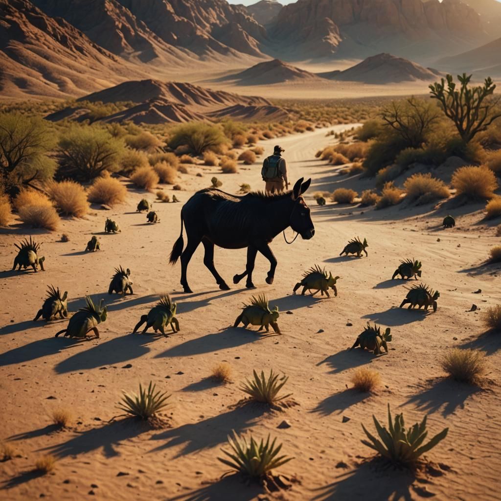 Black Donkey in Desert Chased by Frogs: Cinematic