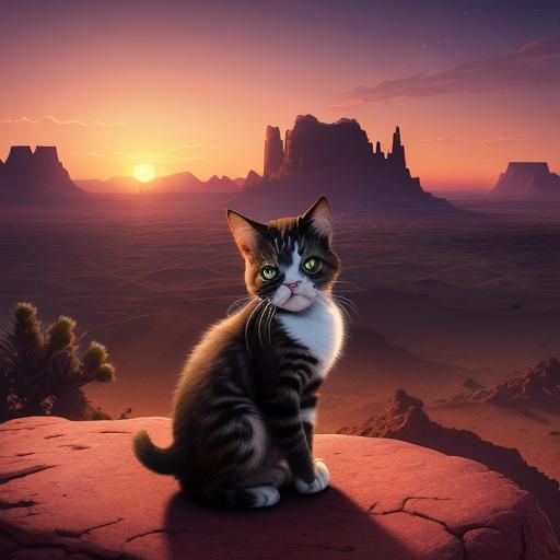 A Grumpy Kitten sitting on a rock, stunning desert sunset. E...