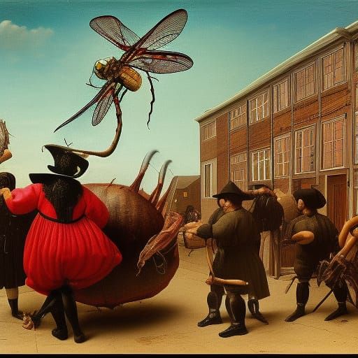 Giant dragonfly stealing a pig carcass from a butcher's shop...
