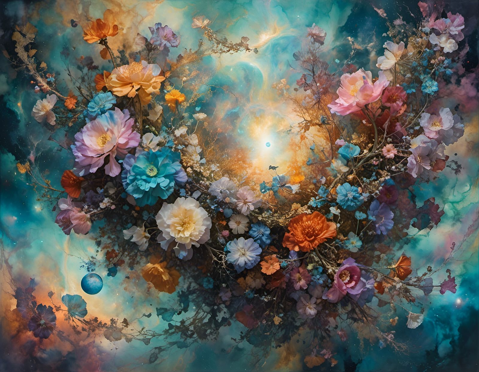 iridescent flowers forming a planet <lora:hyperkraximalism:1...