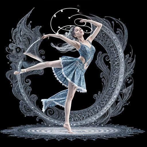a beautiful dancer balanced on one toe, the motion of her danced marked by notes of music which dissolve into fractal patterns