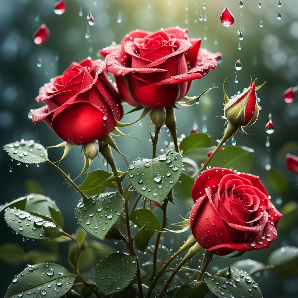a bouquet of red roses, drops on the petals,and on the leave...