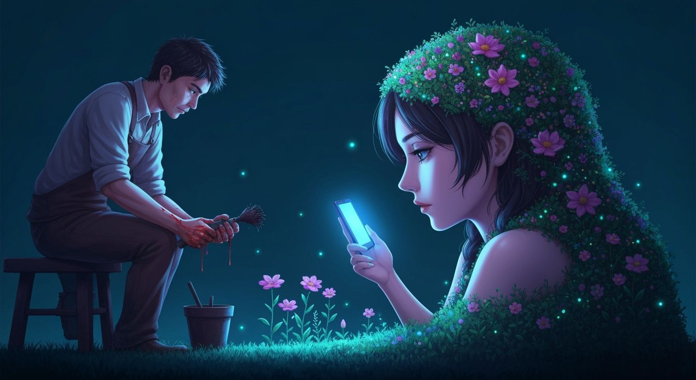 A gardener with bleeding hands cultivates a breathtaking, bioluminescent garden in the shape of a woman's ...  by @yayoo