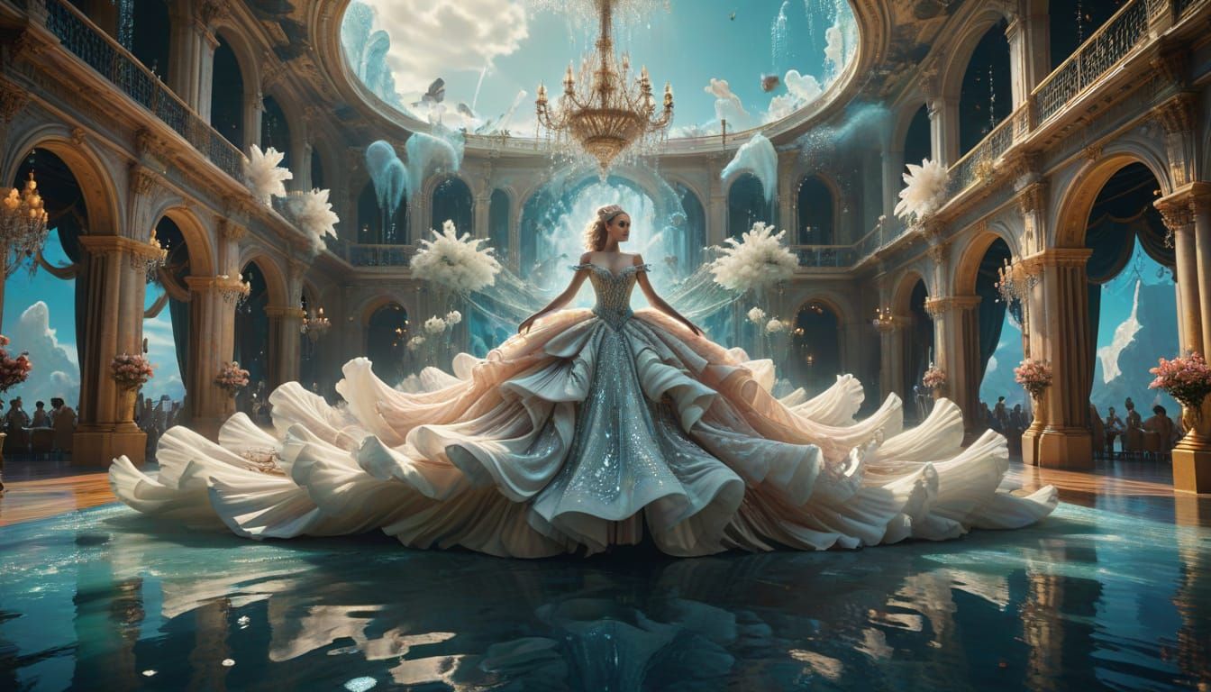 A grand ballroom scene set on a massive floating island, with a dancer s in elaborate gown corset 
