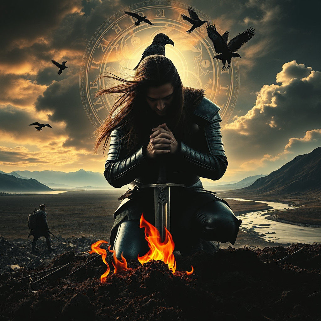 Warrior Contemplation on Battlefield with Dreamlike Sky