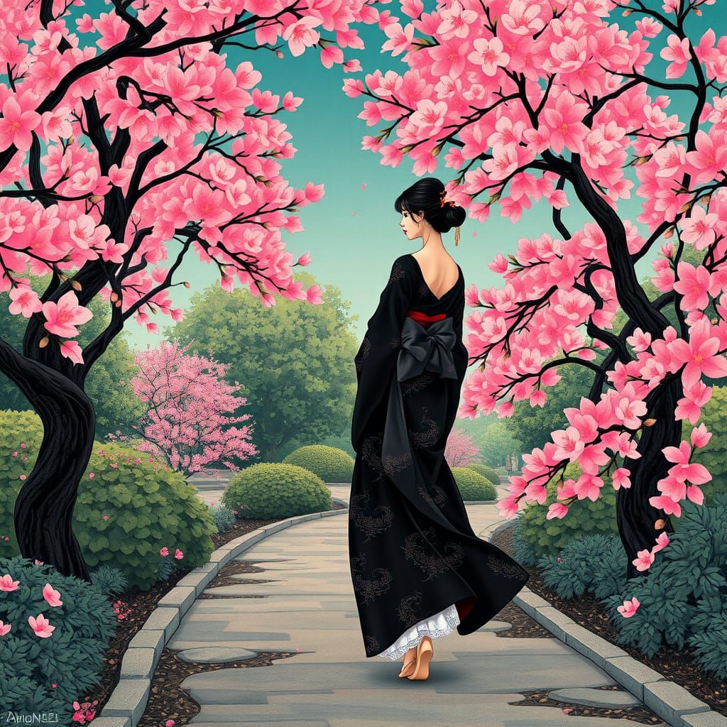 Elegant Woman in Japanese Garden with Vibrant Sakura Trees i...