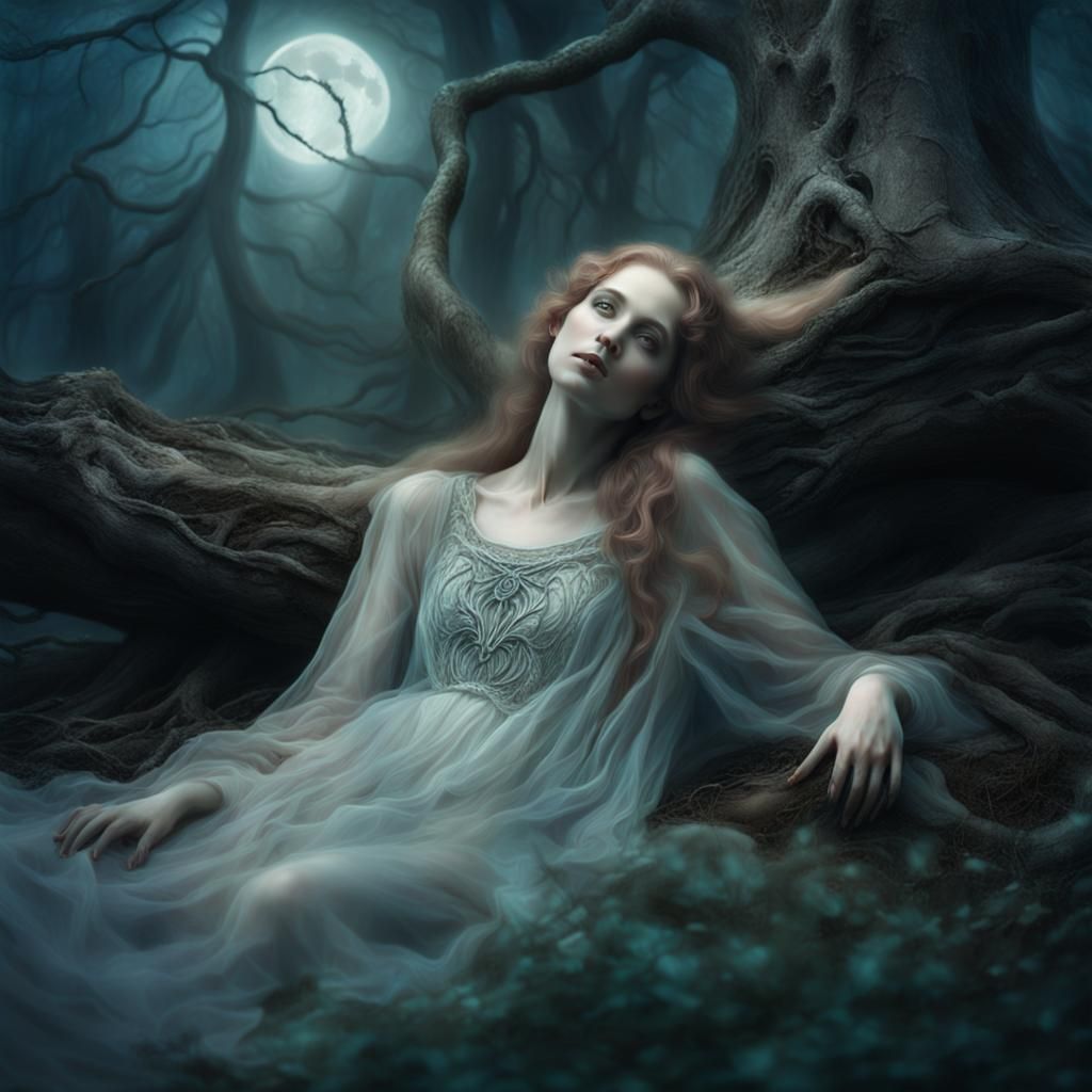 a woman with a pale complexion and a transparent dress, lyin...