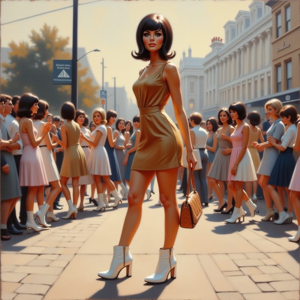 <lora:60s Mod Flux:1.0> oil painting, model in a minidress and white boots, 60s mod style 