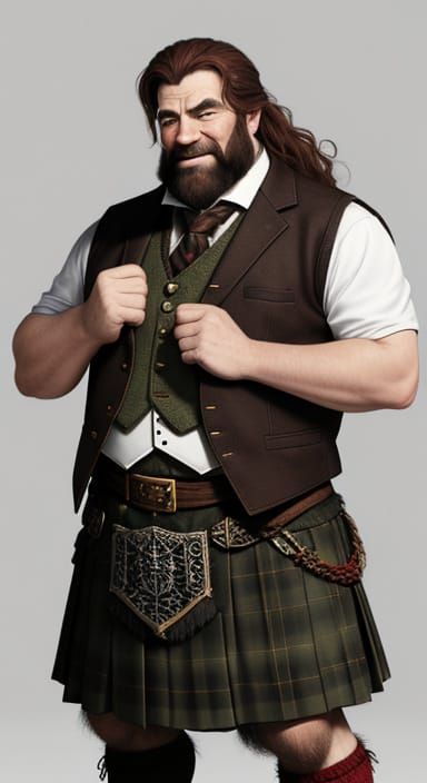 A dwarf named Peter Michael Cavendish. He is swearing a brown vest and a black kilt.