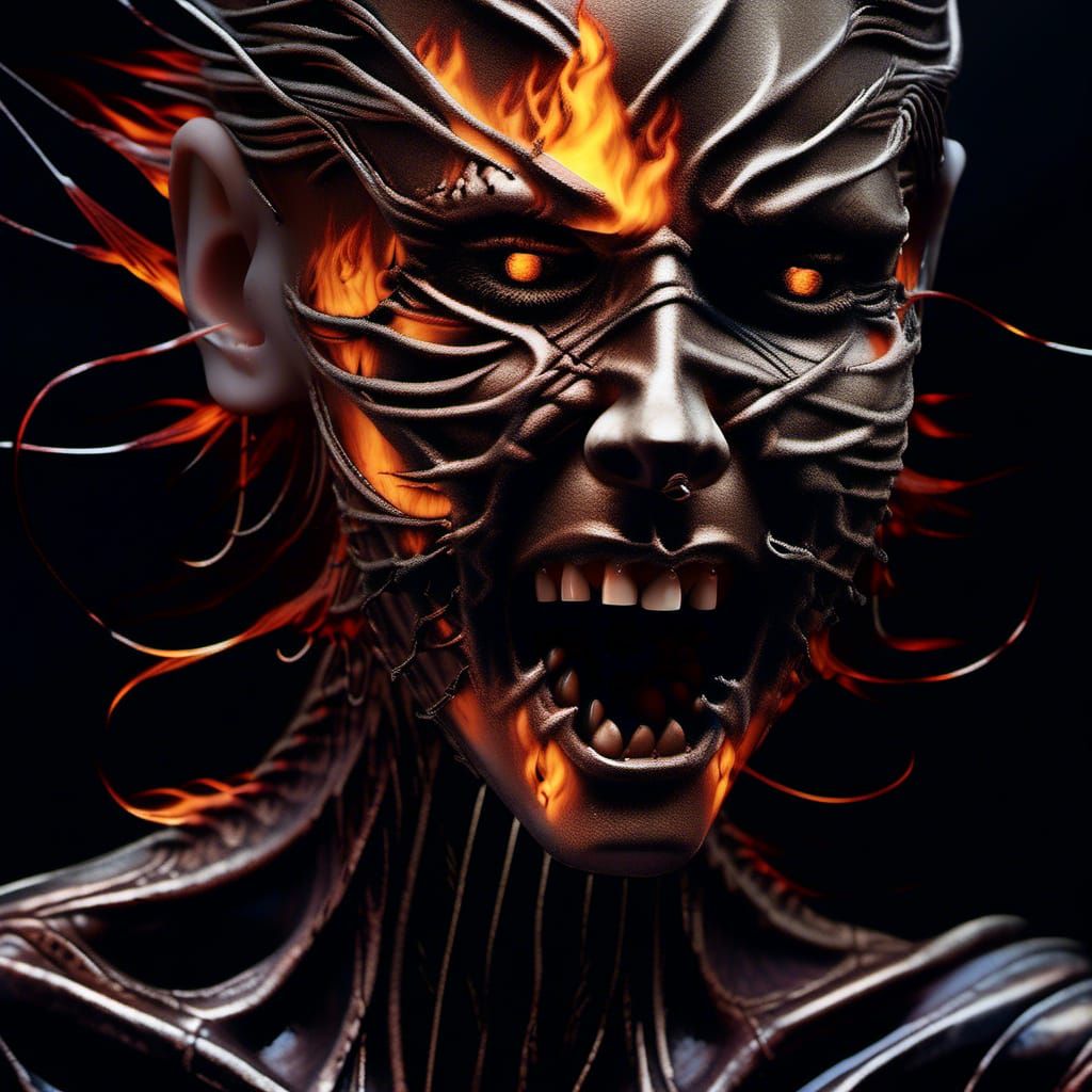 A renowned celebrity, expression contorted in anguished fury, face engulfed by writhing flames licking at furrowed brows and clenched jaw. S...