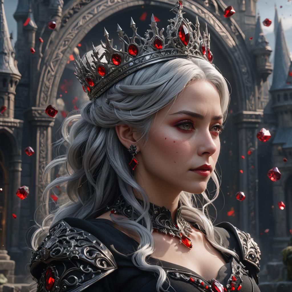 Silver hair, black dress, red crystal crown