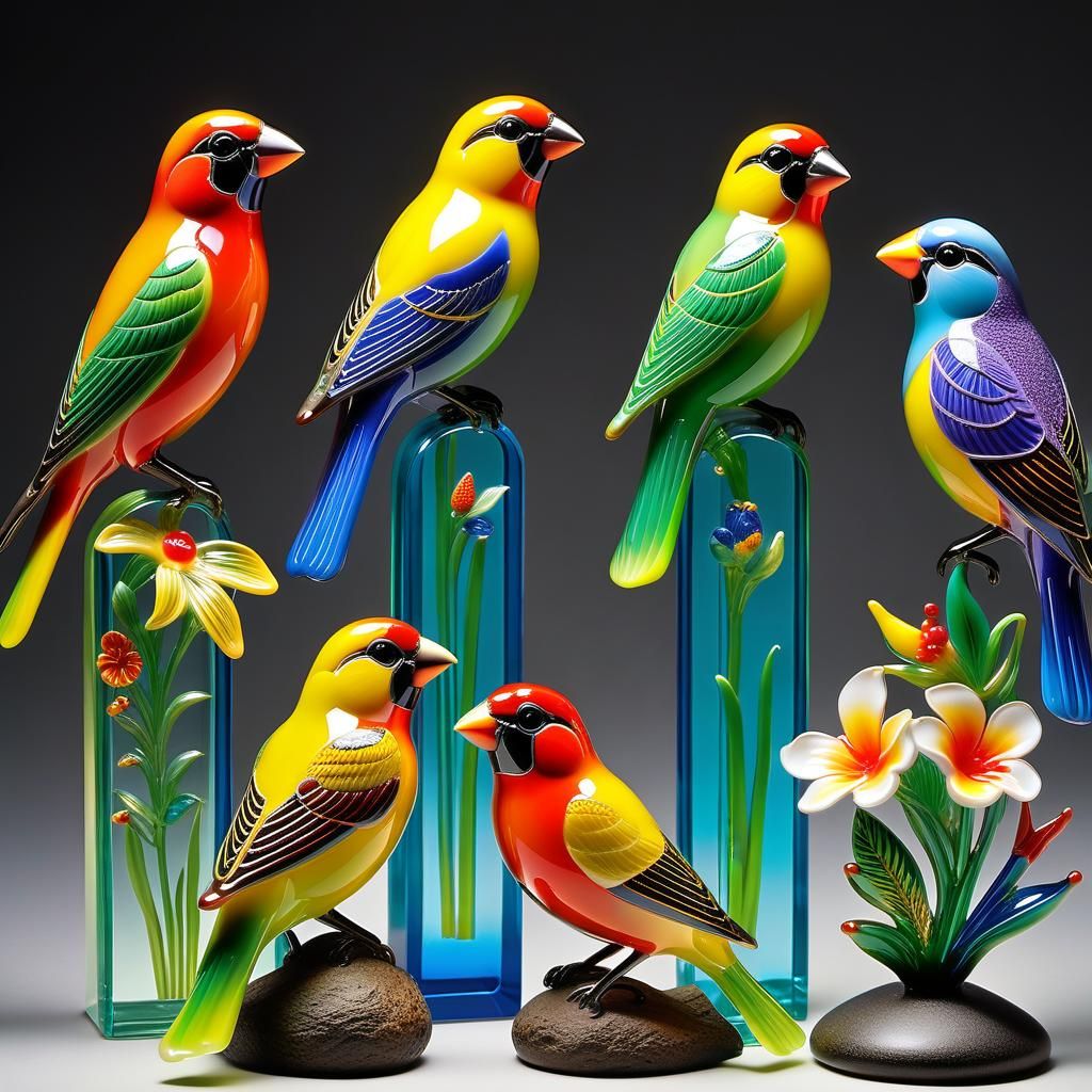 Enamelled glass finches and flowers   by @Kalpine
