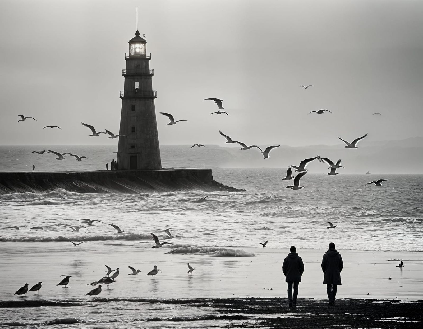 Winter Beach Lighthouse: Somber Cinematic Still