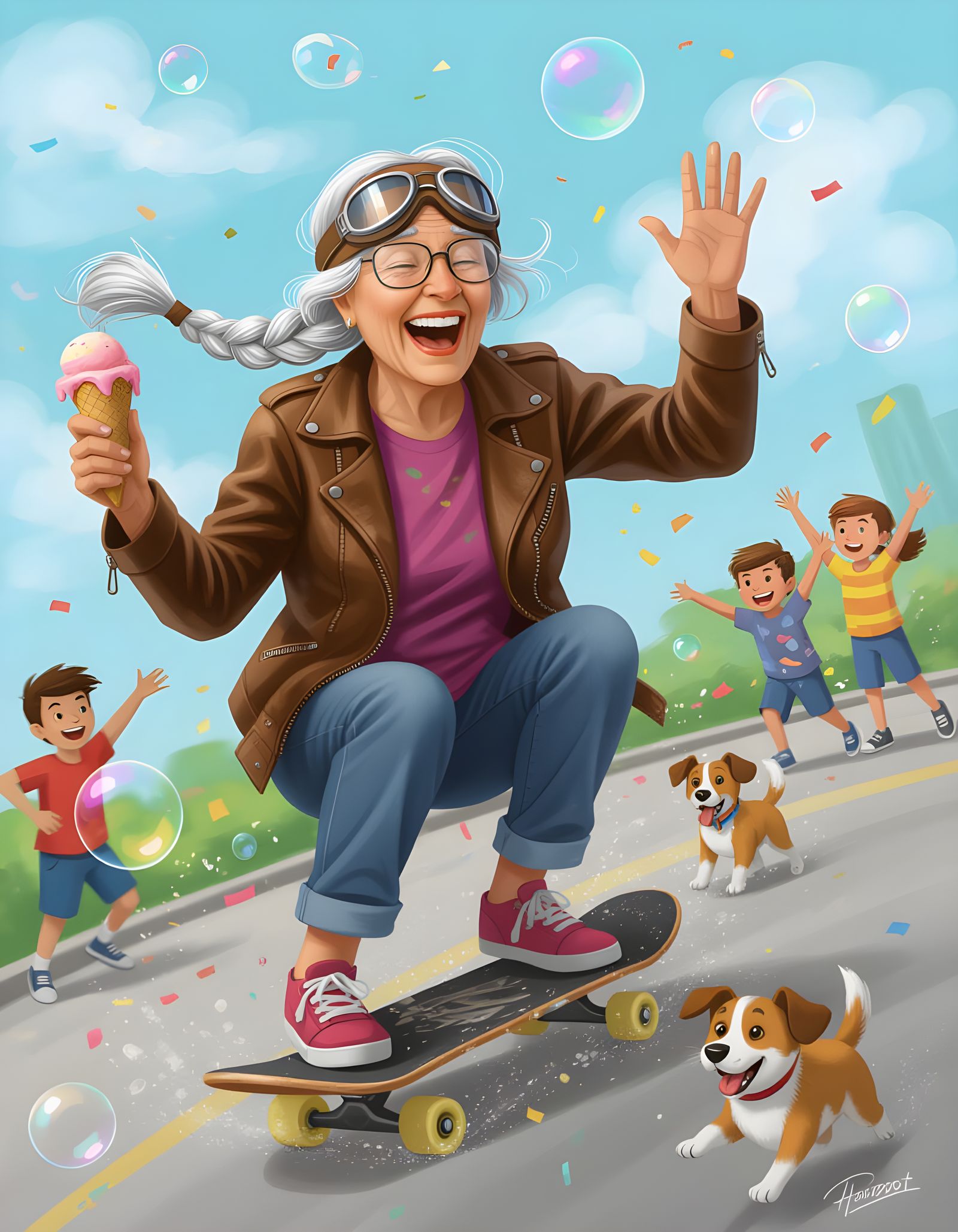 Whimsical Elderly Woman Skateboarder Illustration