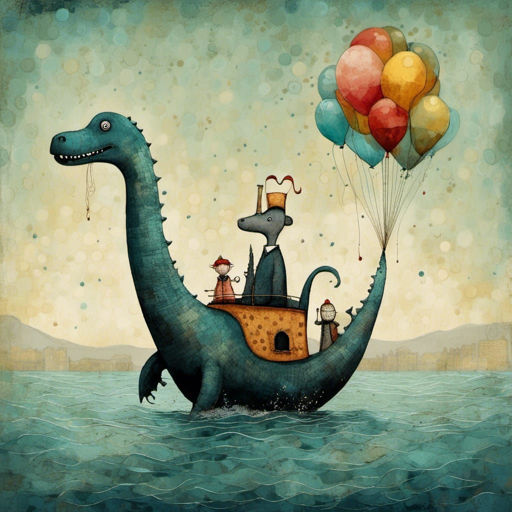 Loch Ness Monster (wearing a circus on his head 1.1)  {amazing, large, bright mikado opalescent eyes 1.1} by Sam Toft and Femke Hiemstra, 3D...