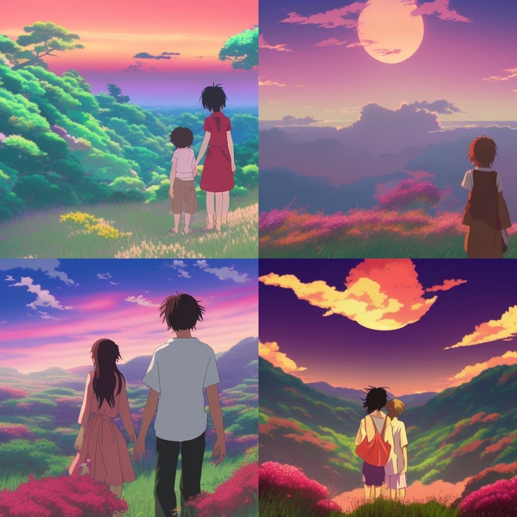 A girl and a boy in a beautiful landscape with a red and pur...