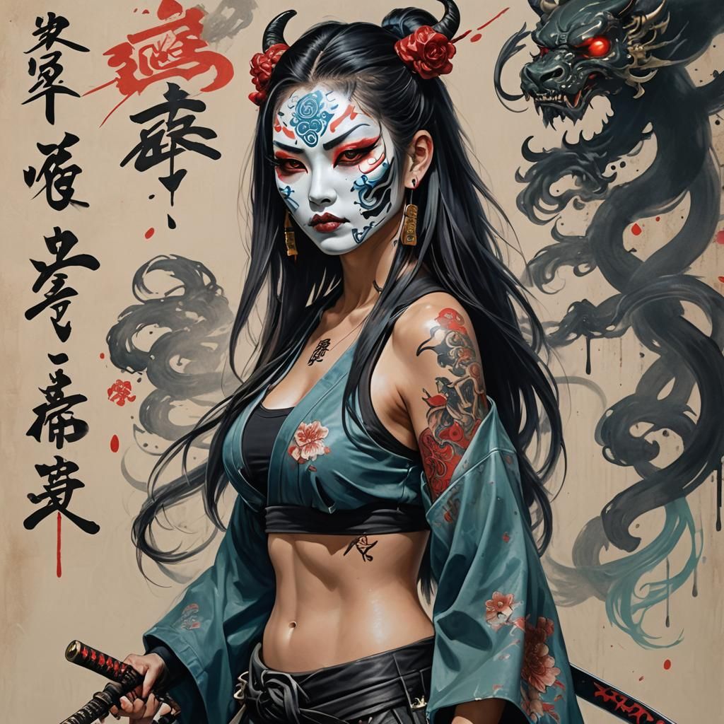 painting art a beauty lady wearing oni mask, upper part of c...