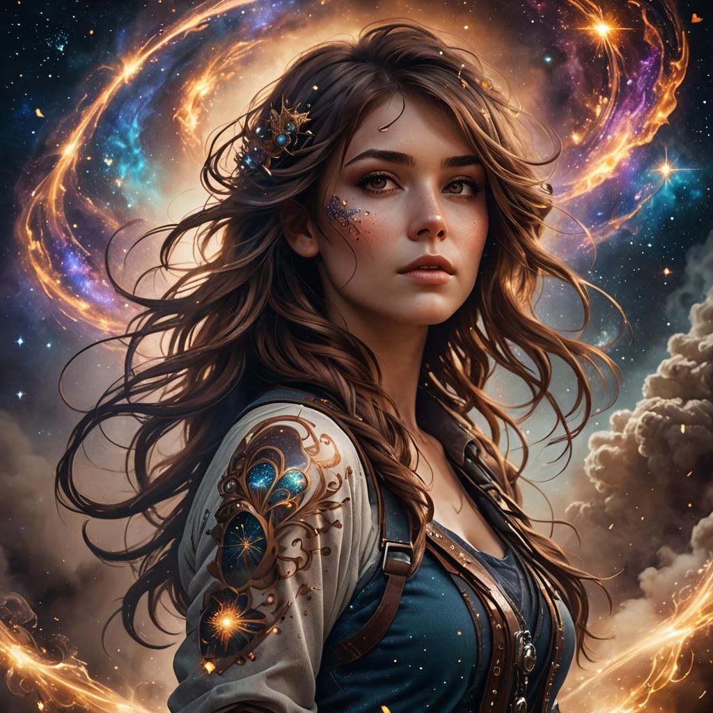 Professional photography of a brown haired with galaxy strands woman  by @Kotori