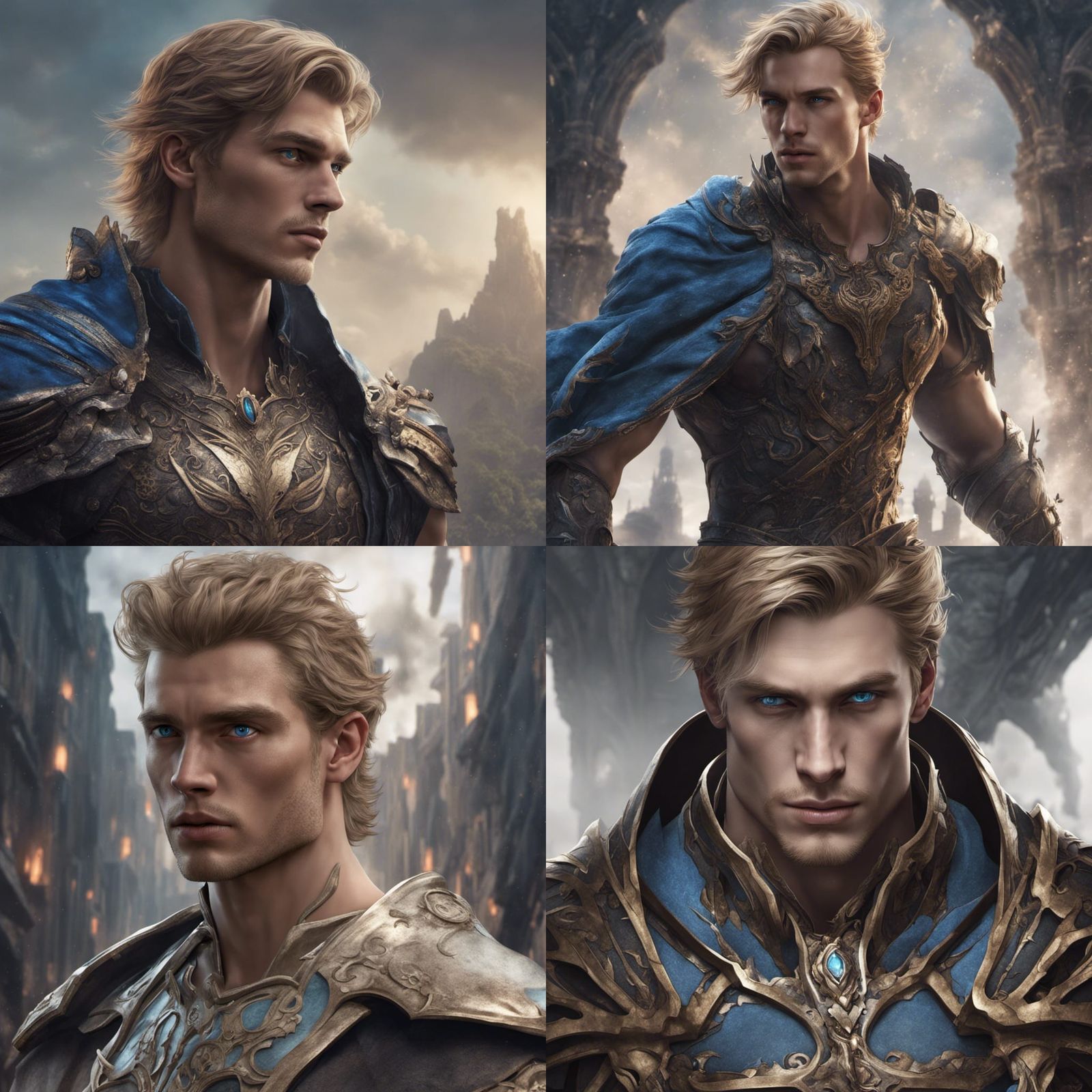 Young, Dark Blonde male, broad jawline, blue eyes, dark, han...