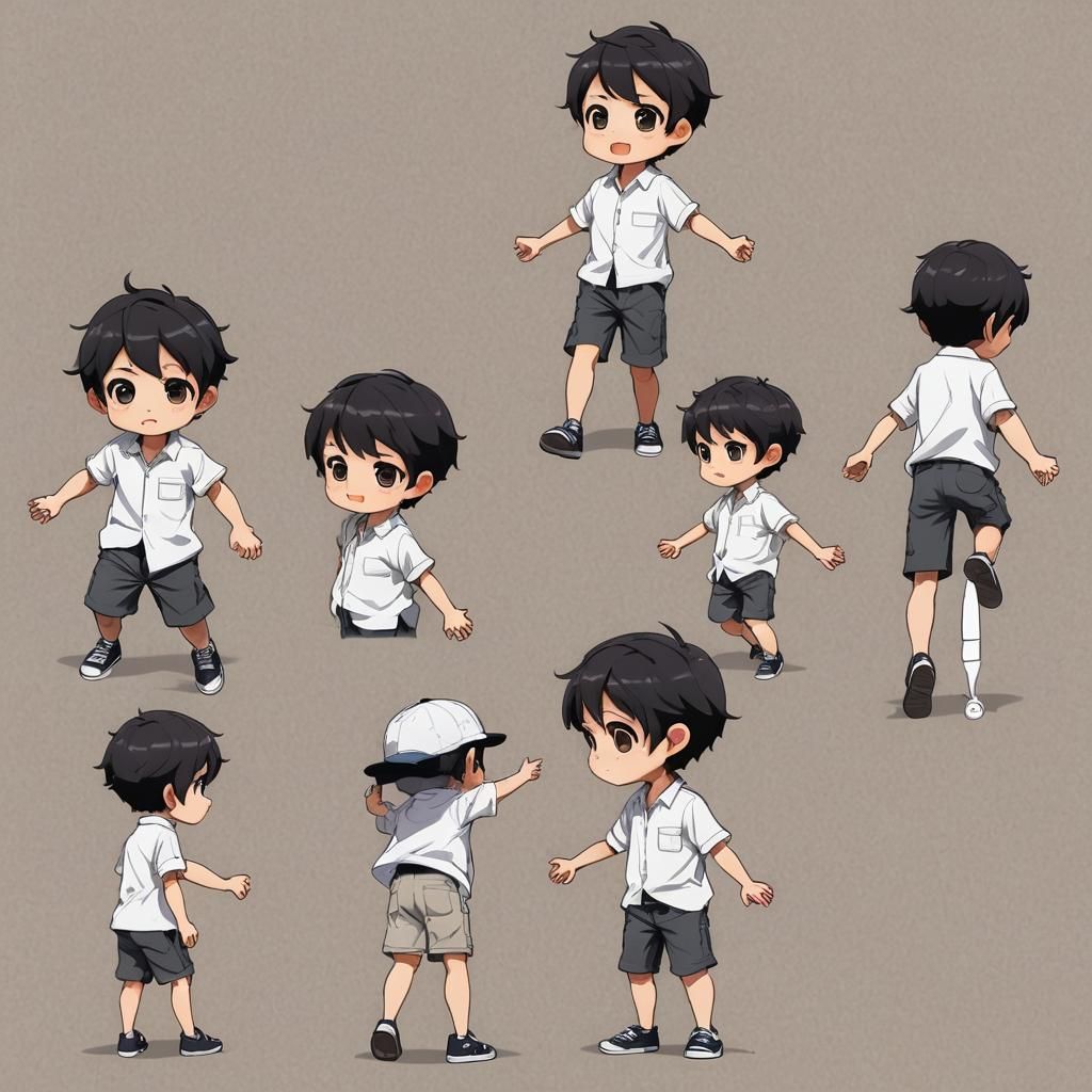 Create a chibi-style character sheet of a toddler boy with s...