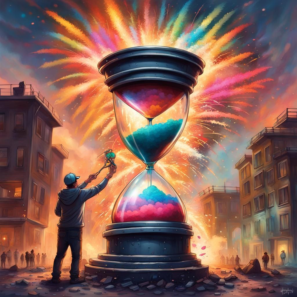 Giant holding an hourglass as fireworks explode in the sky.

colorful polychromatic, ultra detailed, ...  by @caprandom