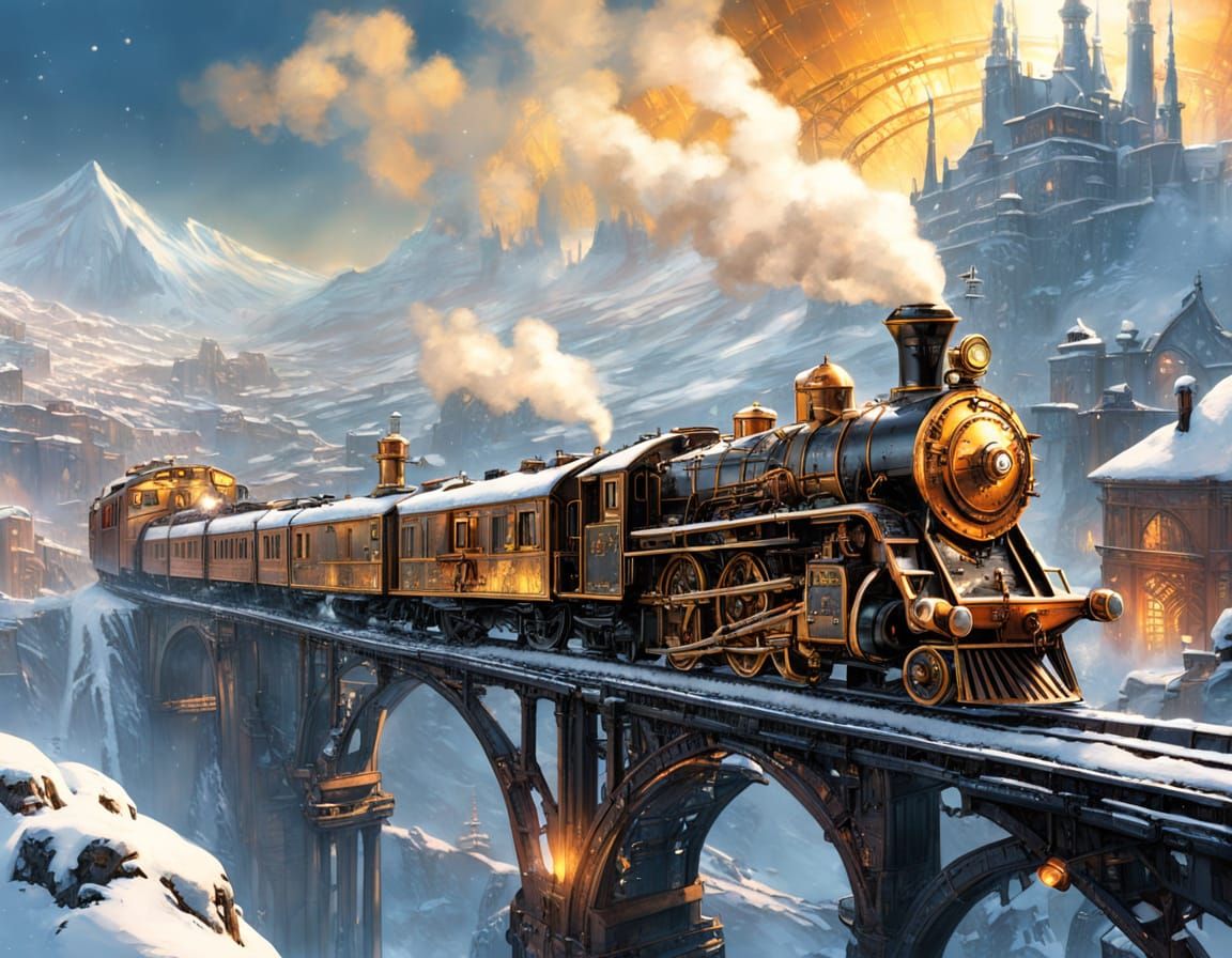 An extreme steampunk train crossing a long, high bridge  by @dhee noerd